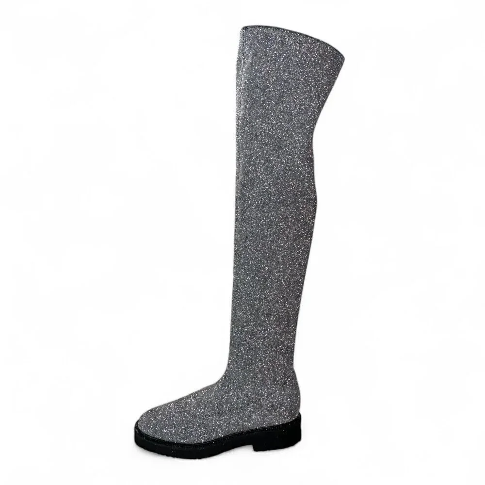Giuseppe Zanotti Women's Silver Glitter Over-the-Knee Flat Boots Sz 37.5 NWOT